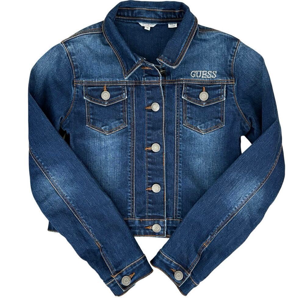 GUESS Girls Denim Jean Jacket Size 10 Rhinestone Logo Classic Stretch